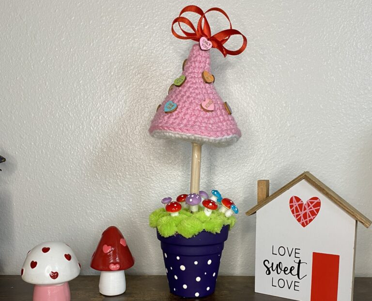 crocheted mushroom topiary for valentine's day