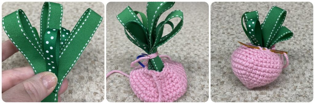 How to add ribbon tops to crocheted strawberry