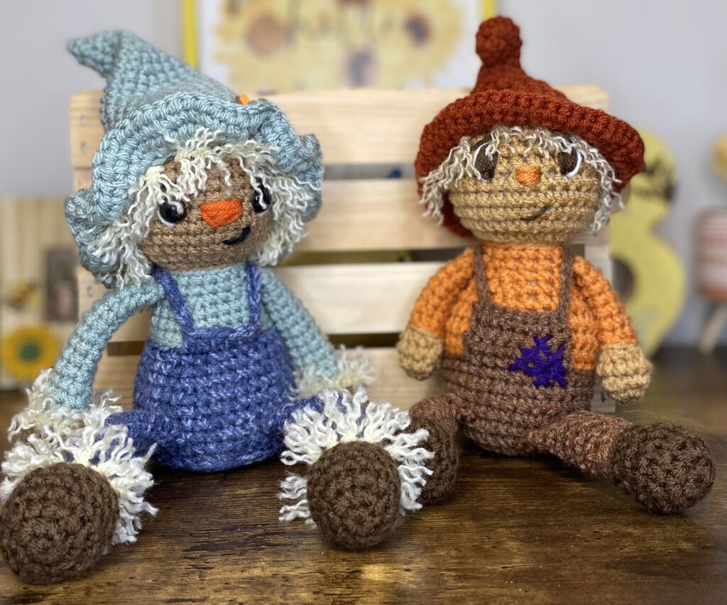 crocheted scarecrows made with worsted weight yarns