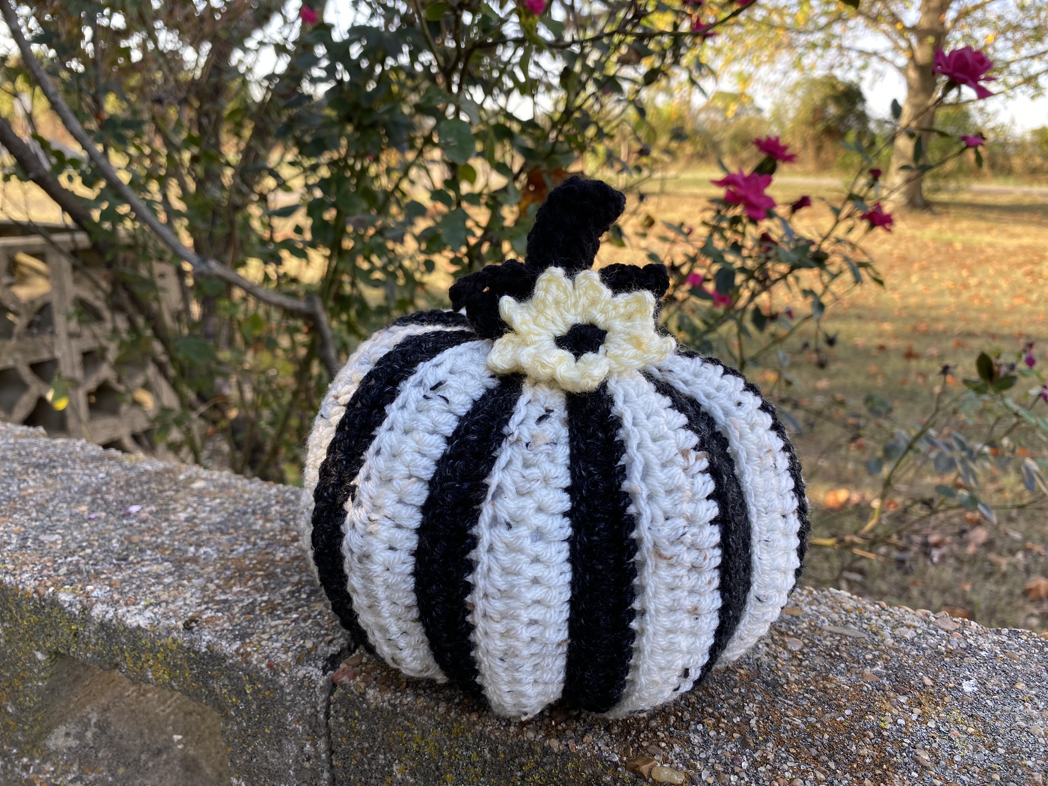 a black and white striped crocheted pumpkin pattern